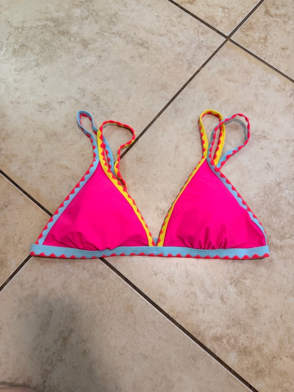 SHEIN Hot Pink Triangle Bikini Top with Yellow & Light Blue Trim